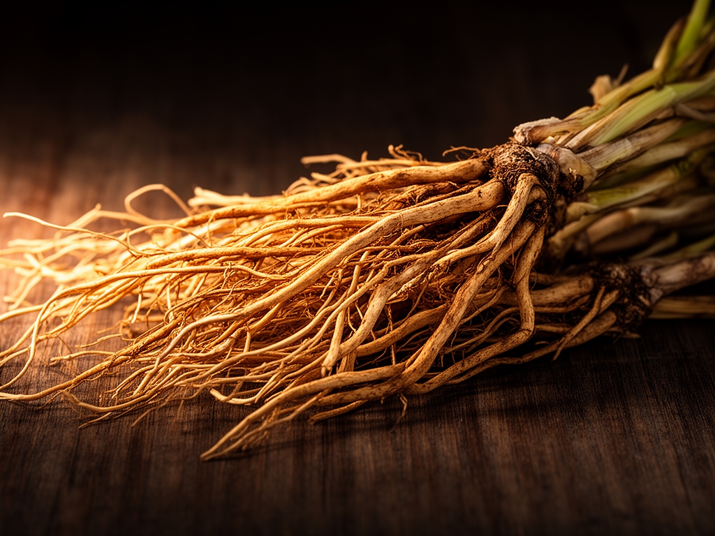 Racines séchées de plantes adaptogènes sur fond de bois sombre avec éclairage latéral chaud, détaillant les textures fibreuses naturelles