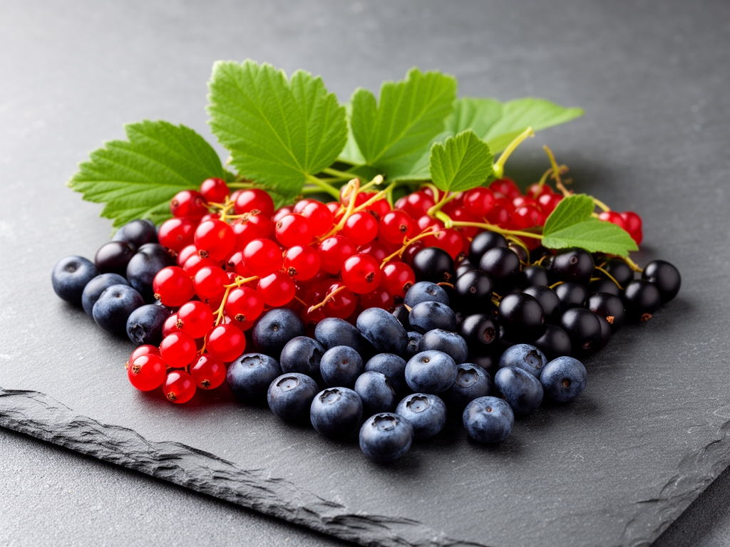 Assortiment de baies sauvages colorées (myrtilles, groseilles, aronia) sur une surface en ardoise avec des feuilles vertes fraîches et une lumière douce naturelle