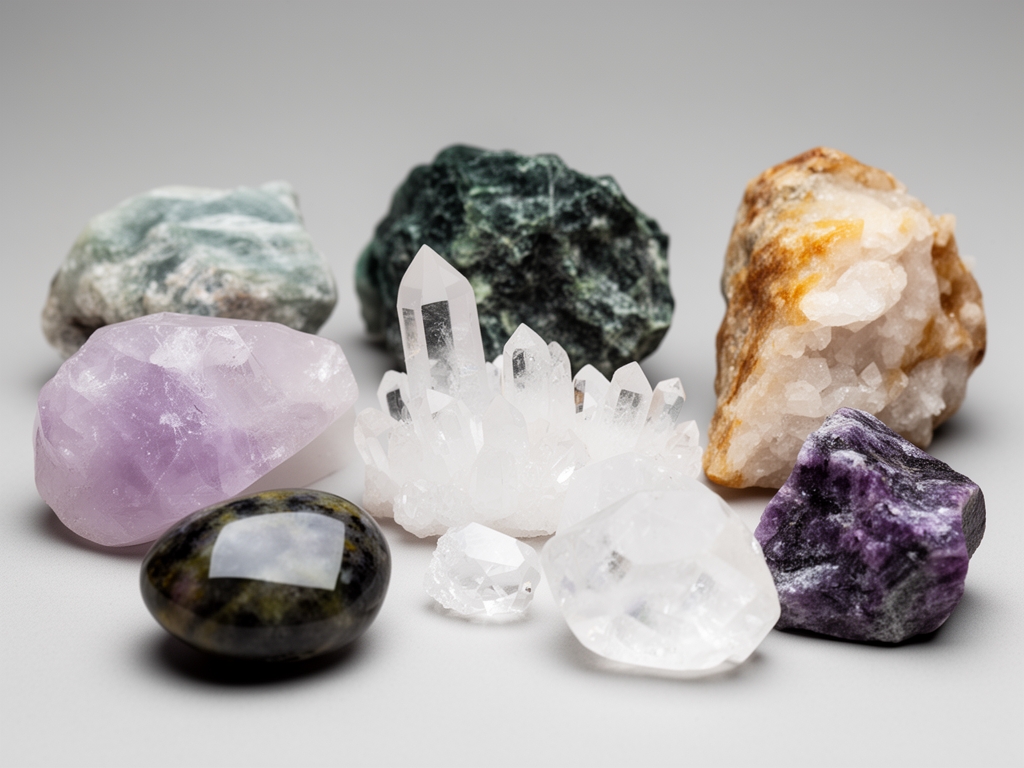 Collection de minéraux naturels polis (quartz, calcite, sel de l'Himalaya rose) sur fond de lin texturé avec éclairage studio doux