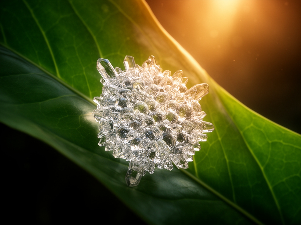 Gros plan cinématographique de cellules végétales magnifiées avec des structures cristallines et une lumière chaude traversant des feuilles vertes profondes, sur fond sombre aux reflets dorés