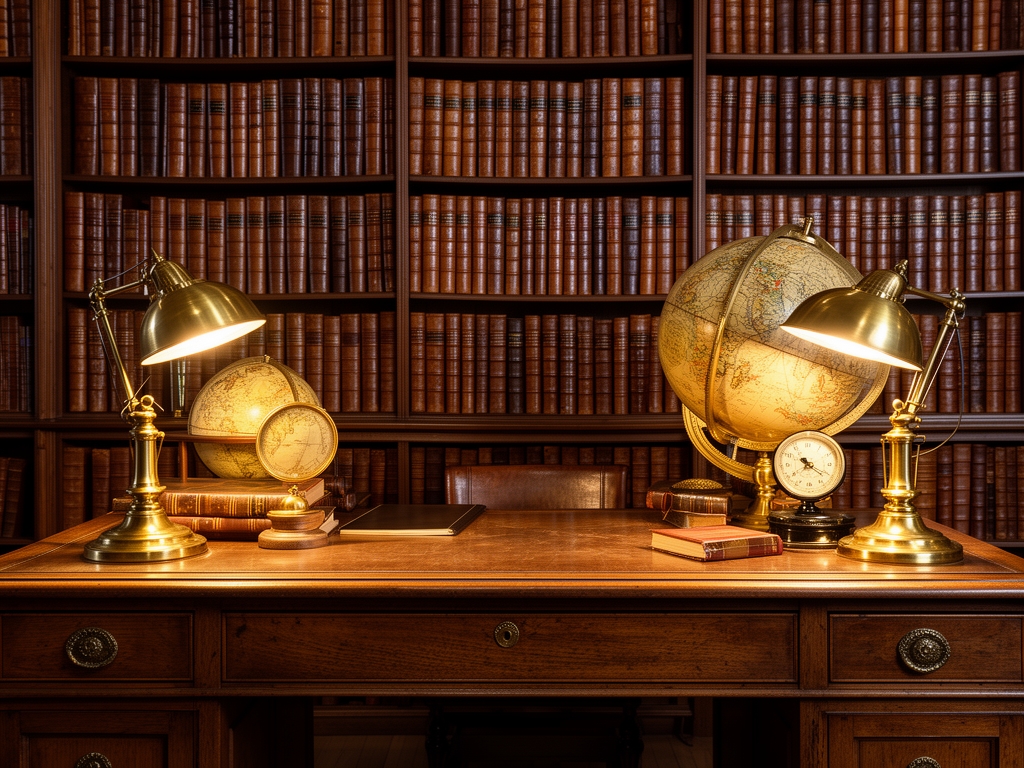 Bibliothèque de recherche ancienne avec des rangées de livres reliés en cuir brun, des globes terrestres et des lampes de bureau en laiton dorées éclairant un bureau en bois massif