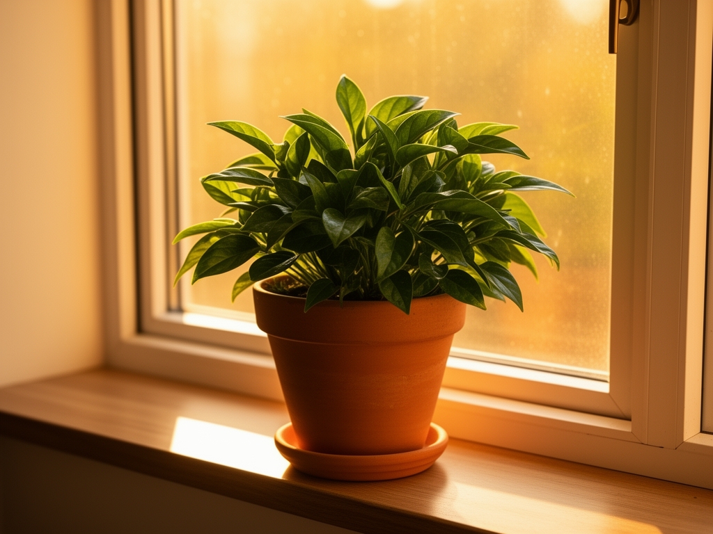 Plante adaptogène en pot de terre cuite posée sur fenêtre baignée de lumière naturelle dorée, feuilles vertes profondes contrastant avec la lumière chaude